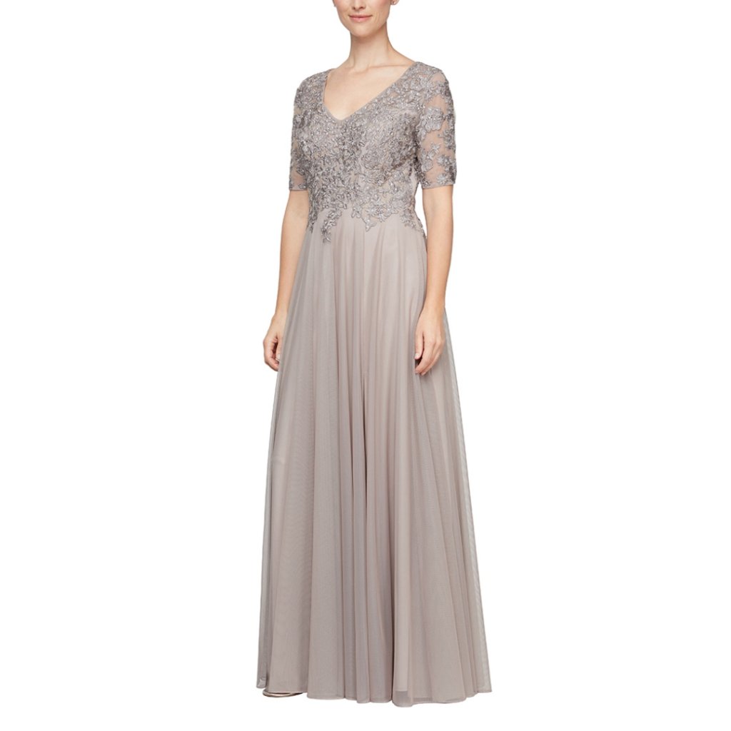Nwt Alex Evenings Long Taupe Sequined 3/4 Sleeve Dress